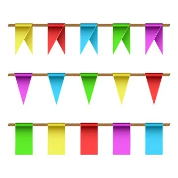 Garlands set of multi-colored flags on a straight rope, triangular and rectan Stock Illustration