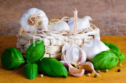 Garlic and basil Stock Photos