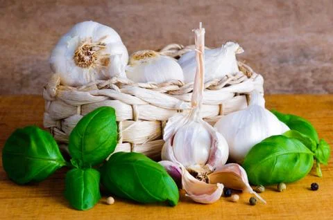 Garlic and basil Stock Photos