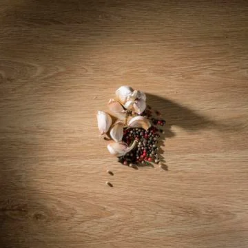 Garlic and pepper mixture on a table 스톡 사진