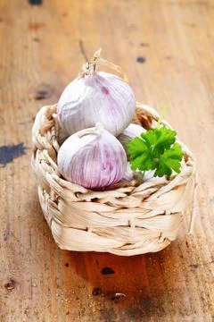 Garlic in a box Stock Photos