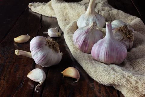 Garlic bulbs on rustic fabric, on rustic wooden table. Closeup of garlic Stock Photos
