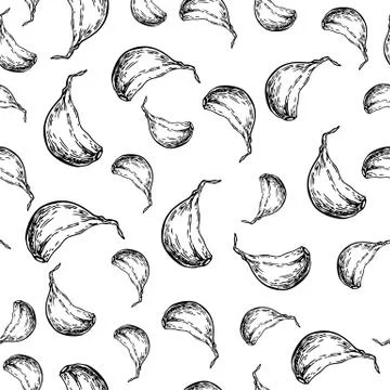Garlic clove hand drawn vector seamless pattern. Isolated Vegetable Engrave.. Stock Illustration