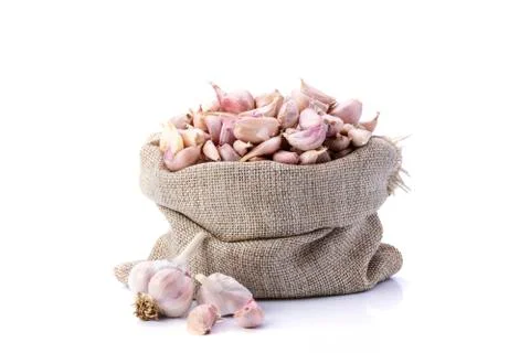 Garlic. Fresh garlic in a sack bag Put on a white background Stock Photos