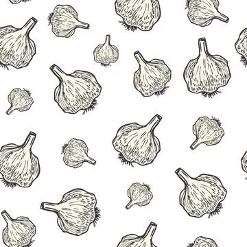 Garlic hand drawn background seamless pattern. Vintage background. Vector Stock Illustration