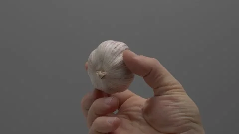 Garlic in hand on a gray background. Stockbeeldmateriaal 265755075
