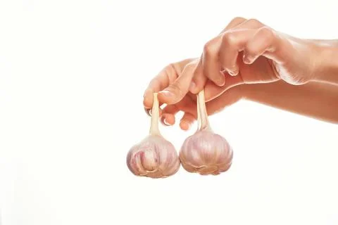 Garlic in hands organica vitamins cooking Stock Photos