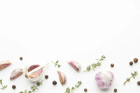 Garlic herbs with copy space table. High quality photo Stock Photos