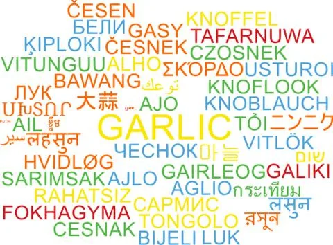 Garlic multilanguage wordcloud background concept Stock Illustration