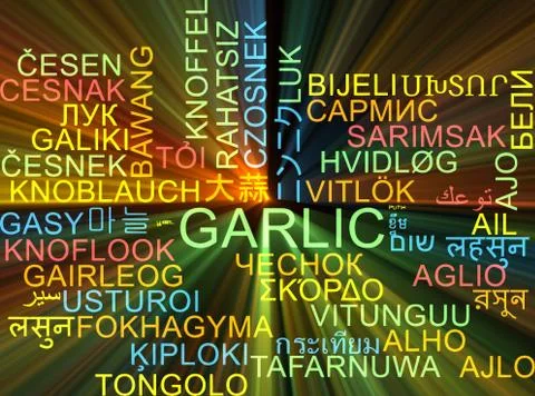 Garlic multilanguage wordcloud background concept glowing Stock Illustration