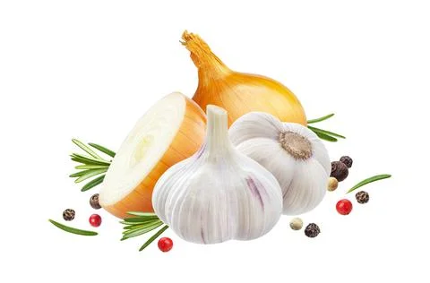 Garlic, onion and rosemary herb isolated on white background Stock Photos