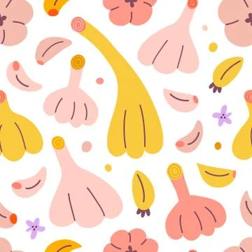 Garlic pattern, bubls and gloves, colorful doodle drawing, seamless vector Stock Illustration