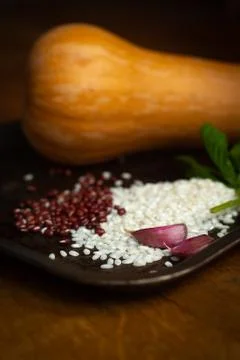Garlic, Risotto, Red Adzuki Beans, Basil and Butternut Squash on a Roasting T Stock Photos