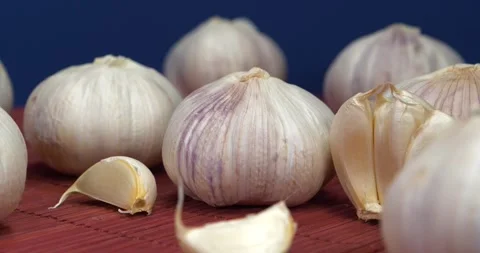Garlic rotates on dark blue background. Garlic, Allium sativum Stock Footage 310737867