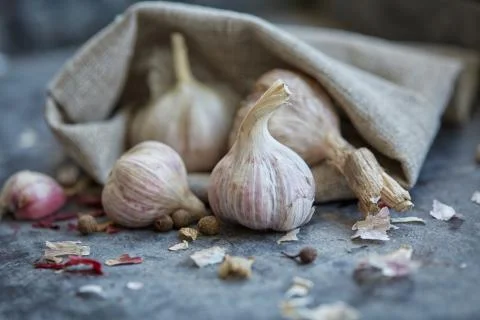 Garlic in a sack Stock Photos