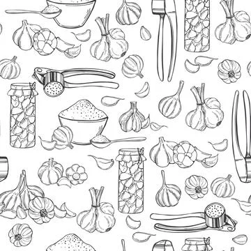 Garlic set. Vector seamless pattern Stock Illustration
