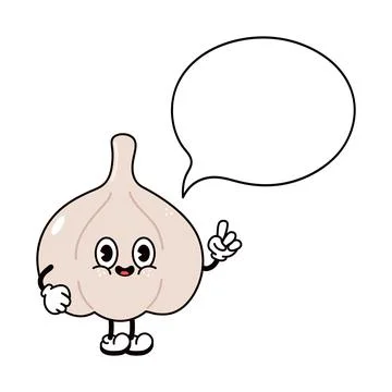 Garlic with speech bubble character. Vector hand drawn traditional cartoon .. Stock Illustration
