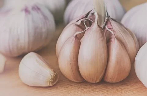 Garlic on the table closeup. Stock Photos