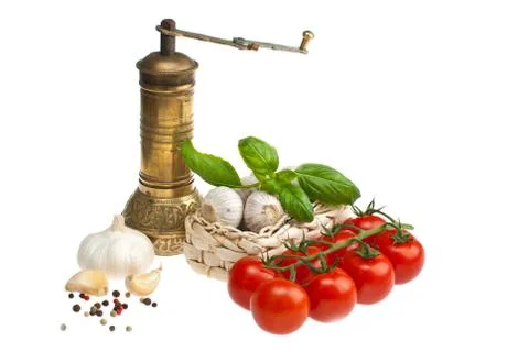 Garlic, tomatoes, basil. Stock Photos