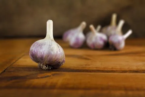 Garlic on vintage wooden table. Stock Photos