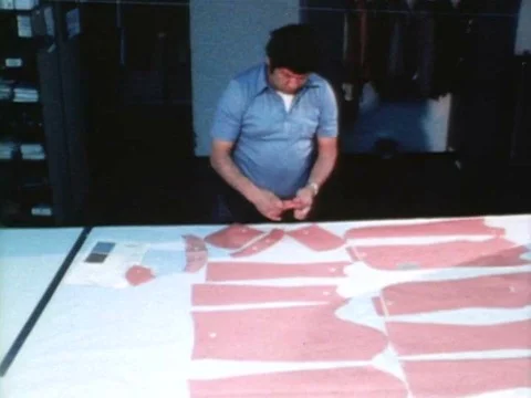 A garment industry worker uses a Good Guide and traces a paper pattern, in a Stock Footage 74968167