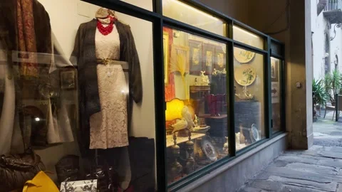 Garments and other antique objects in display cases with street view Stock Footage 264711725