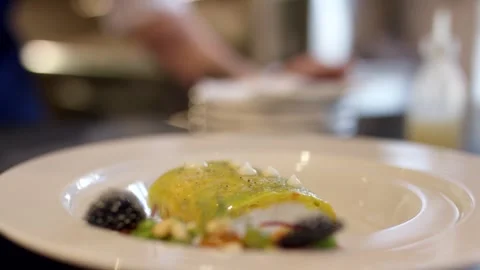 Garnished Starter Plate with Cook at the Pass, Restaurant Kitchen, Close Up Vídeo Stock 341341010