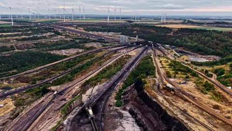 Garzweiler open-pit lignite mine aerial view wind turbines Germany Stock Footage 344519242