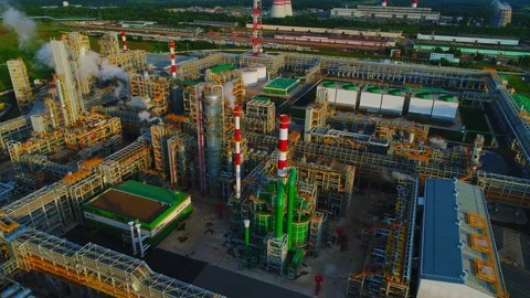 Gas and oil refinery complex area in morning aerial view Stock Footage 117979640