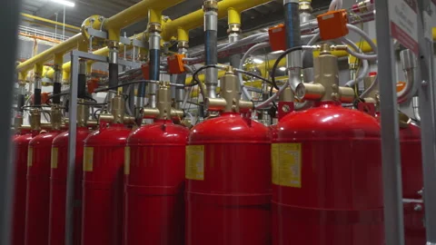 Gas balloons stand inside workshop with marked caution 動画素材 309759024
