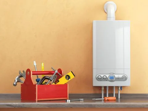 Gas boiler servicing or repearing concept. Toolbox with tools on the kitchen. Stock Illustration