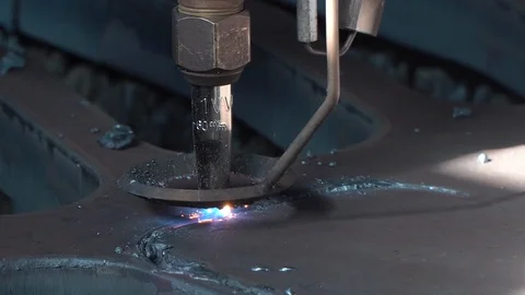 Gas burner cnc machine cutting metal sheet with blue flame Stock Footage 120752257