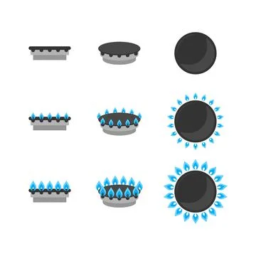 Gas burner with fire set, absence and full blue flame on stove, above view. S Stock Illustration