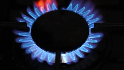 Gas burner igniting and burning with blue flames Stock Footage 297458219