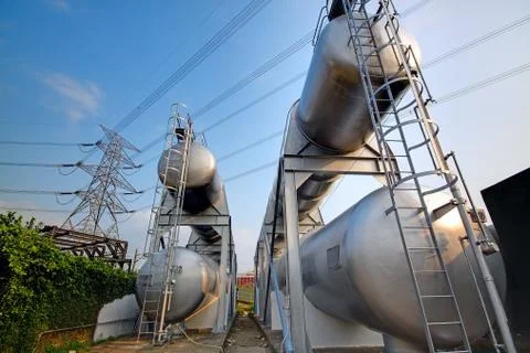 Gas container and power tower Stock Photos
