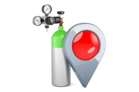 Gas cylinder with map pointer. 3D rendering Illustrazione stock