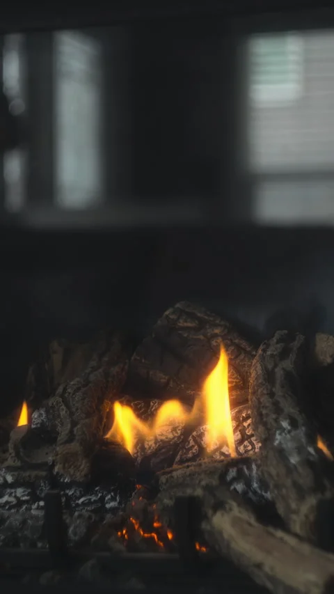 Gas fireplace burning at home, creating cozy atmosphere. Vertical format Stock Footage 319801219