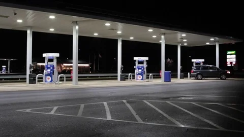 Gas Fuel Station on American Highway at Night Stock Footage