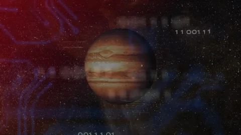 Gas giant planet floating through starfield, displaying red and blue binary code Stock Footage 307461983