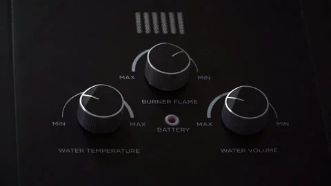 Gas heater burner flame glowing inside unit, home appliance detail, Stock Footage 344011336