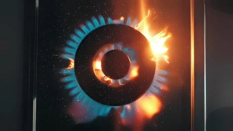 Gas ignites on large and powerful burner and gas burns with many bright sparks 库存影片 330883289