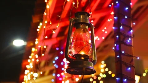 Gas lamp on Abstract lights background. Colourful festoons, New Year Lighting Video stock 89684254