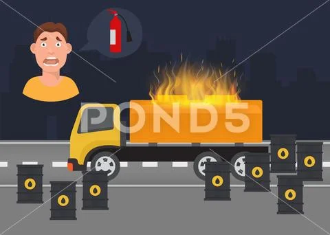 Gas leak and fire inflaming scared vector infographic poster. Tanks of oil and Stock Illustration