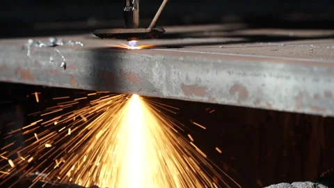 Gas machine cuts metal through creating sparks closeup Stock Footage 138830379