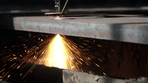 Gas machine cuts metal through creating sparks closeup Stock Footage 139398278