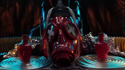Gas mask, chain, crown, plastic tube, steampunk. Stock Footage 164916424