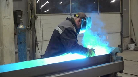 Gas metal arc welding (GMAW) of the beam rod at the Metal structures plant. Stock Footage