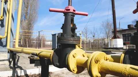 Gas objects. Shut-off valves of the gas pipe. Gas pipeline and gas Stock Footage 169076542