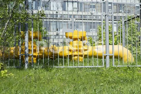 Gas pipe. Gas pipeline unit. Urban infrastructure. ~ Premium Photo