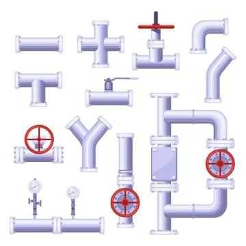 Gas pipeline construction elements. Vector isolated metal pipe, valve, pressu Stock Illustration